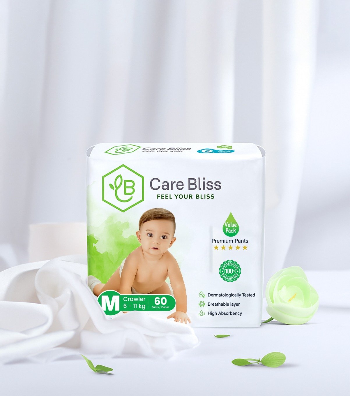 Give your baby the comfort of nature with Care Bliss Baby Diapers. Specially crafted for sensitive skin, these Junior Size 5 diapers are enriched with botanical extracts like chamomile, aloe vera, olive oil, and silk protein to provide natural protection and all-day comfort.