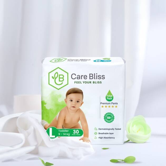 Give your baby the comfort of nature with Care Bliss Baby Diapers. Specially crafted for sensitive skin, these Junior Size 5 diapers are enriched with botanical extracts like chamomile, aloe vera, olive oil, and silk protein to provide natural protection and all-day comfort.