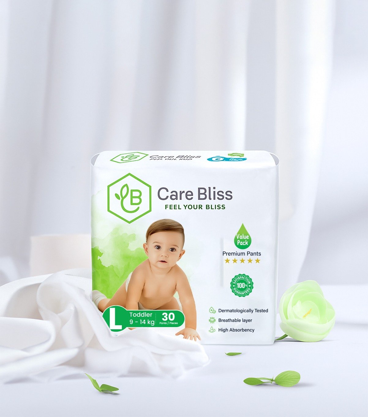 Give your baby the comfort of nature with Care Bliss Baby Diapers. Specially crafted for sensitive skin, these Junior Size 5 diapers are enriched with botanical extracts like chamomile, aloe vera, olive oil, and silk protein to provide natural protection and all-day comfort.